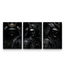 Trio poster set of three dark samurai warriors in ornate armor with distinct helmet crests and kanji