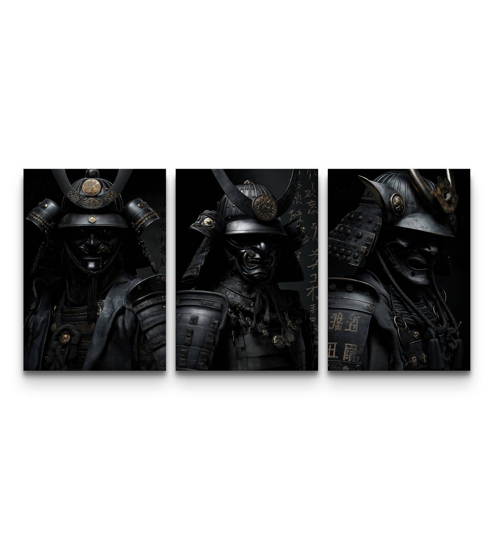 Set of three dark samurai posters in ornate armor with helmet crests and kanji calligraphy