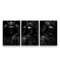 Set of three dark samurai posters in ornate armor with helmet crests and kanji calligraphy