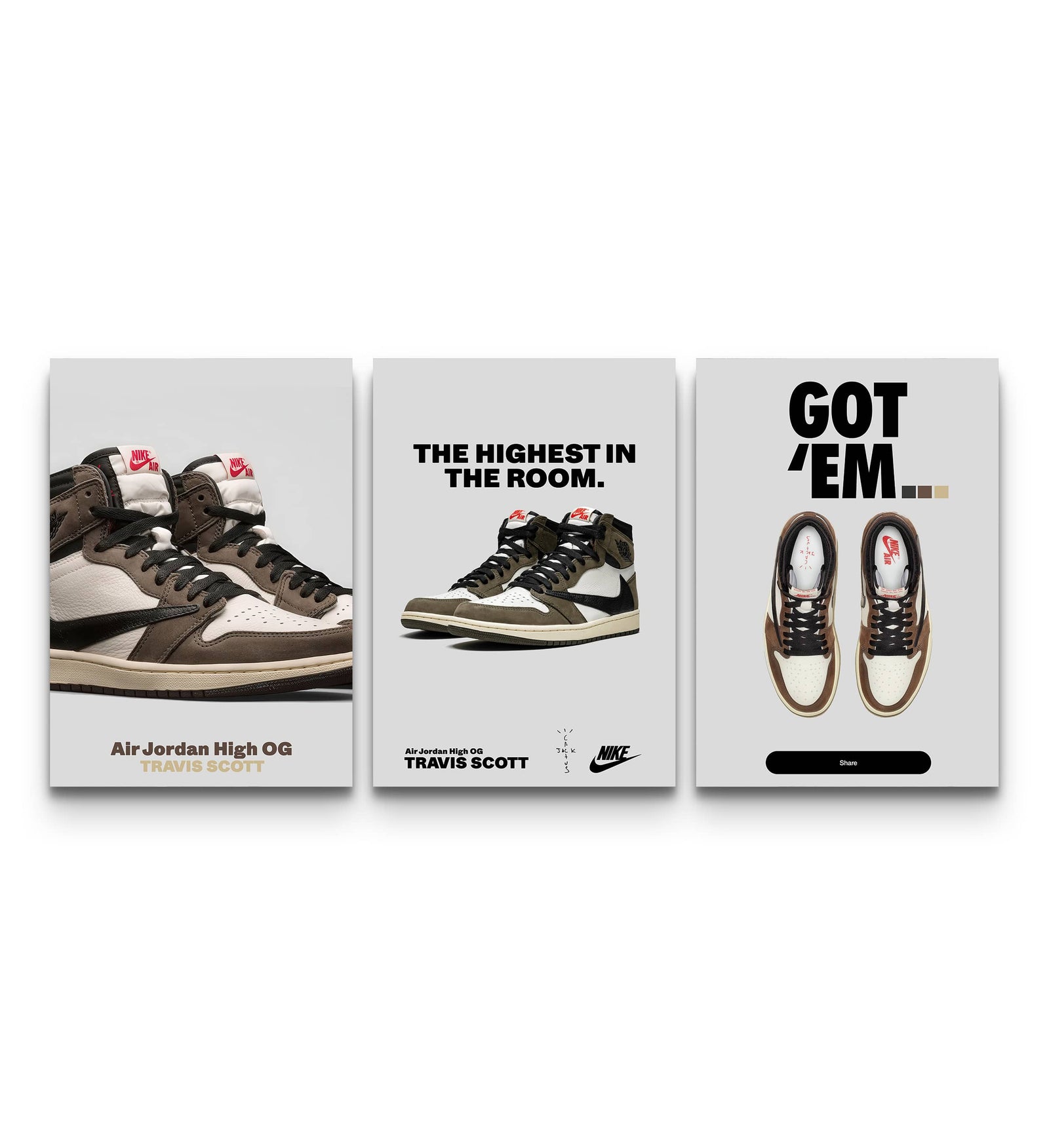 Trio of Travis Scott Air Jordan 1 Mocha posters showing close-up, promo and GOT EM sneaker designs