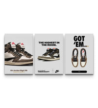 Trio of Travis Scott Air Jordan 1 Mocha posters showing close-up, promo and GOT EM sneaker designs