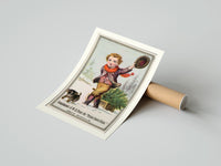 Rolled Boy dragging Christmas tree on sled poster beside its crush-resistant kraft shipping tube