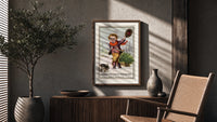 Boy dragging Christmas tree on sled poster framed above a fluted sideboard beside an olive tree