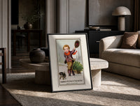 Boy dragging Christmas tree on sled print in a black frame leaning on a travertine table in a sunlit lounge