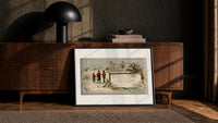 Family in snow viewing advertising signboard print in a black frame leaning against a walnut console in lamplight