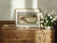 Family in snow viewing advertising signboard print in an oak frame on a farmhouse dresser beside white tulips
