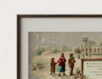 Close-up of the Family in snow viewing advertising signboard print's dark wood frame corner and archival matte paper