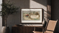 Family in snow viewing advertising signboard print in a wood frame above a fluted sideboard beside an olive tree