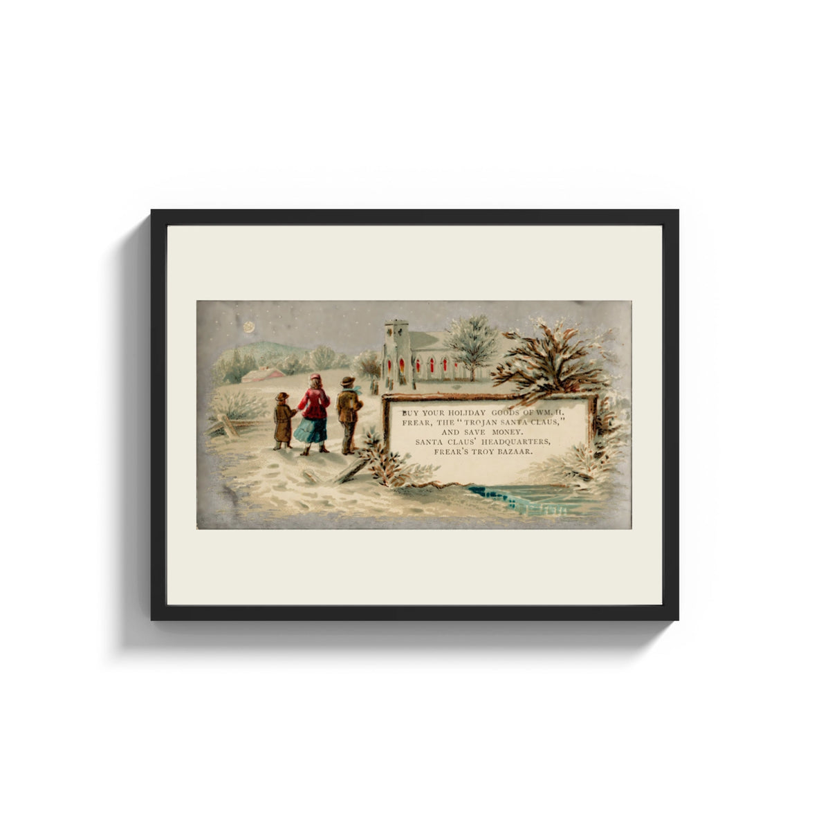 Framed Family in snow viewing advertising signboard print shown as a wide statement piece on a clean white wall