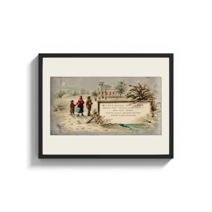 Framed Family in snow viewing advertising signboard print shown as a wide statement piece on a clean white wall