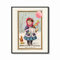 Framed Girl in winter coat holding toys print shown as a bold statement piece on a clean gallery wall