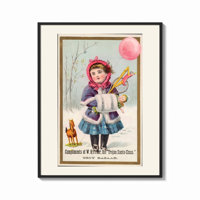 Framed Girl in winter coat holding toys print shown as a bold statement piece on a clean gallery wall