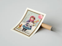 Rolled Girl in winter coat holding toys poster beside its crush-resistant kraft shipping tube