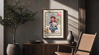 Girl in winter coat holding toys poster framed above a fluted sideboard beside an olive tree