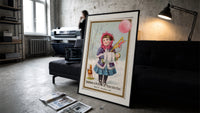 Girl in winter coat holding toys print in a slim black frame leaning on a dark sofa in a concrete print studio