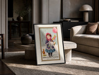 Girl in winter coat holding toys print in a black frame leaning on a travertine table in a sunlit lounge