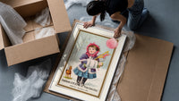 Girl in winter coat holding toys framed print being unpacked from protective bubble wrap and a box