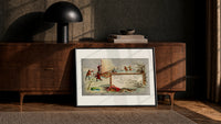 Children ice fishing beside an ice boat print in a black frame leaning against a walnut console in lamplight