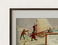 Close-up of the Children ice fishing beside an ice boat print's dark wood frame corner and archival matte paper