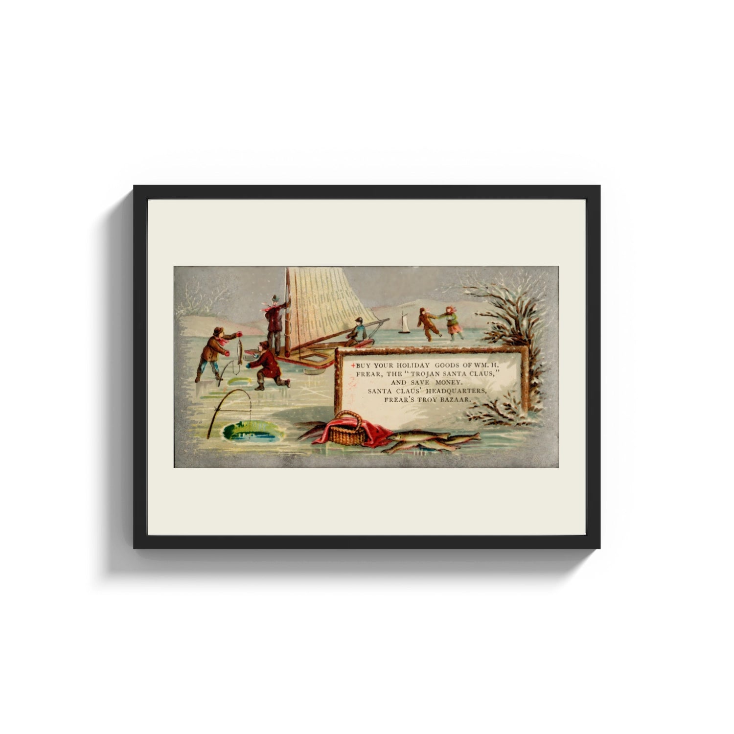 Framed Children ice fishing beside an ice boat print shown as a wide statement piece on a clean white wall