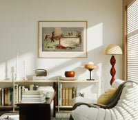 Children ice fishing beside an ice boat print in an oak frame above a mid-century book console with a vintage radio