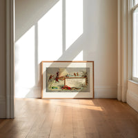 Children ice fishing beside an ice boat print in an oak frame on a sunlit wood floor beneath tall window light