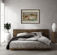 Children sledding in snow with geese print in a dark wood frame above a rattan bed on a plaster wall
