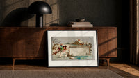 Children sledding in snow with geese print in a black frame leaning against a walnut console in lamplight