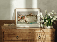 Children sledding in snow with geese print in an oak frame on a farmhouse dresser beside white tulips