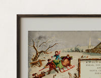 Close-up of the Children sledding in snow with geese print's dark wood frame corner and archival matte paper