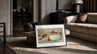 Children sledding in snow with geese print in a slim black frame leaning on a travertine coffee table