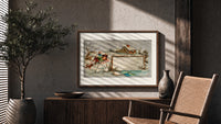 Children sledding in snow with geese print in a wood frame above a fluted sideboard beside an olive tree