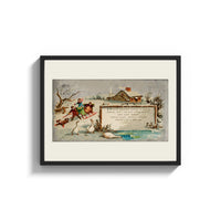 Framed Children sledding in snow with geese print shown as a wide statement piece on a clean white wall