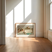 Children sledding in snow with geese print in an oak frame on a sunlit wood floor beneath tall window light