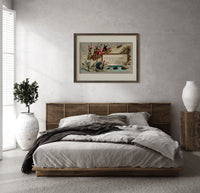 Children sledding downhill past turkeys print in a dark wood frame above a rattan bed on a plaster wall