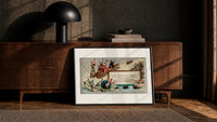 Children sledding downhill past turkeys print in a black frame leaning against a walnut console in lamplight