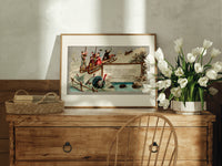 Children sledding downhill past turkeys print in an oak frame on a farmhouse dresser beside white tulips