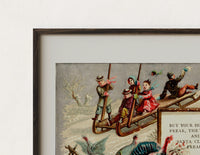 Close-up of the Children sledding downhill past turkeys print's dark wood frame corner and archival matte paper