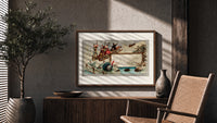 Children sledding downhill past turkeys print in a wood frame above a fluted sideboard beside an olive tree