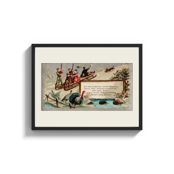 Framed Children sledding downhill past turkeys print shown as a wide statement piece on a clean white wall