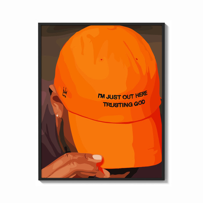 Framed Trusting God Orange Cap print shown as a bold statement piece on a clean gallery wall