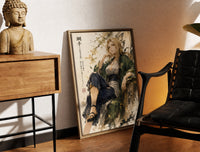 Brass-framed Blonde woman seated in kimono print leaning in a warm styled corner by a sculpture