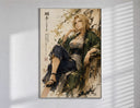 Blonde woman seated in kimono poster in a slim frame on a bright wall with soft window light