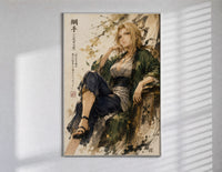 Blonde woman seated in kimono poster in a slim frame on a bright wall with soft window light