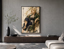 Blonde woman seated in kimono poster framed above a wood console in a concrete-wall living room