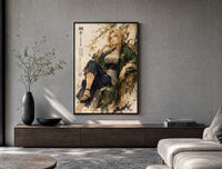 Blonde woman seated in kimono poster framed above a wood console in a concrete-wall living room