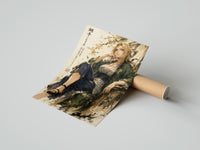 Rolled Blonde woman seated in kimono poster beside its crush-resistant kraft shipping tube