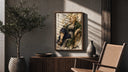 Blonde woman seated in kimono poster framed above a fluted sideboard beside an olive tree