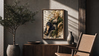Blonde woman seated in kimono poster framed above a fluted sideboard beside an olive tree