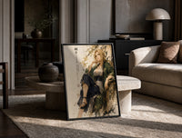 Blonde woman seated in kimono print in a black frame leaning on a travertine table in a sunlit lounge